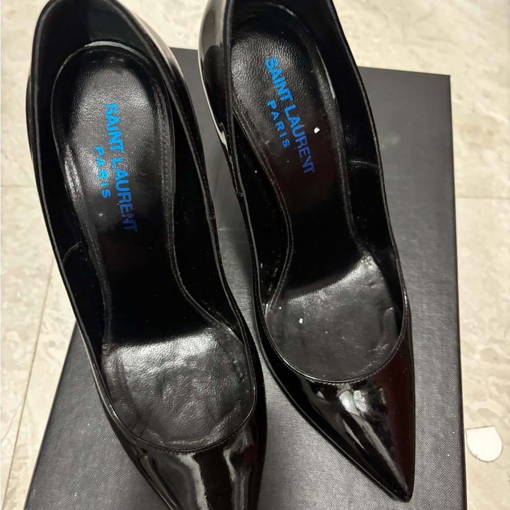 Saint Laurent Black Patent Leather Pumps with Blue YSL Logo Heel - Picture 8 of 8